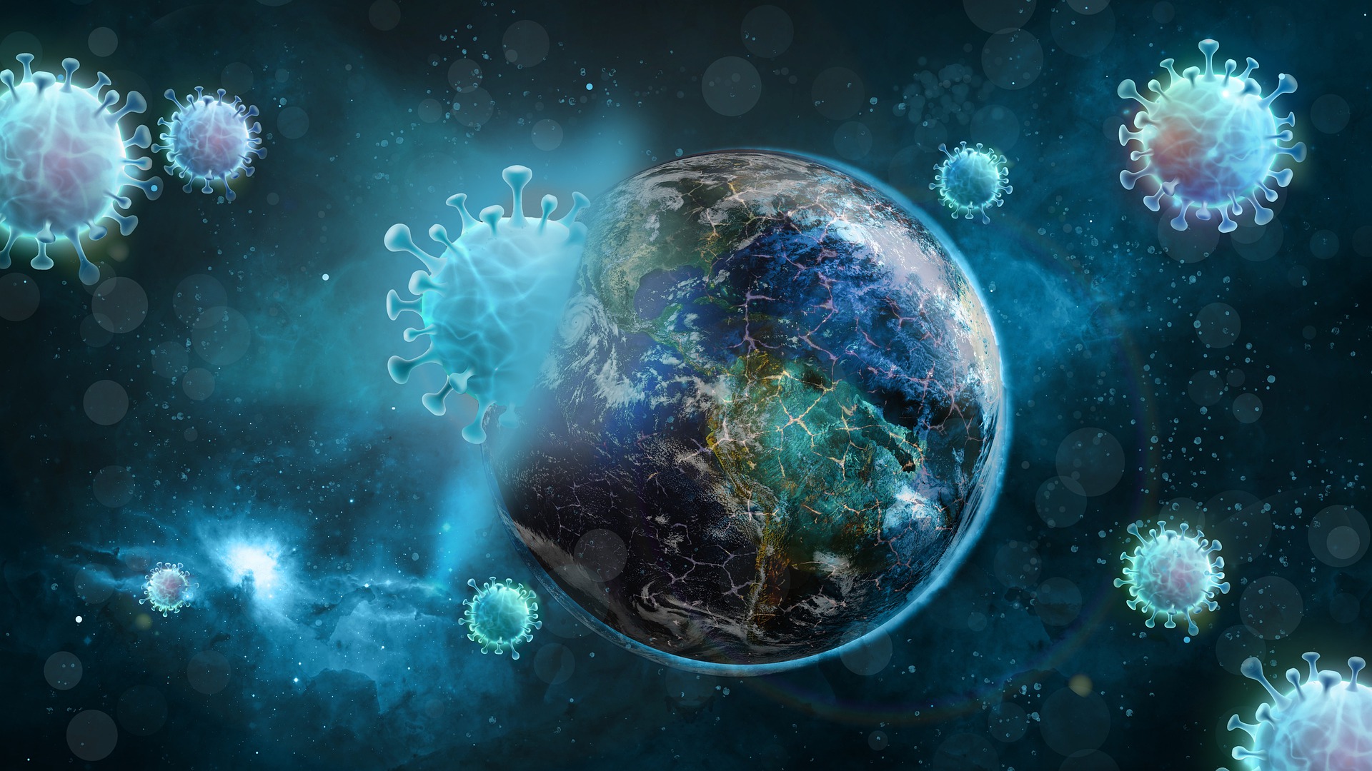 Earth in space surrounded by coronavirus particles