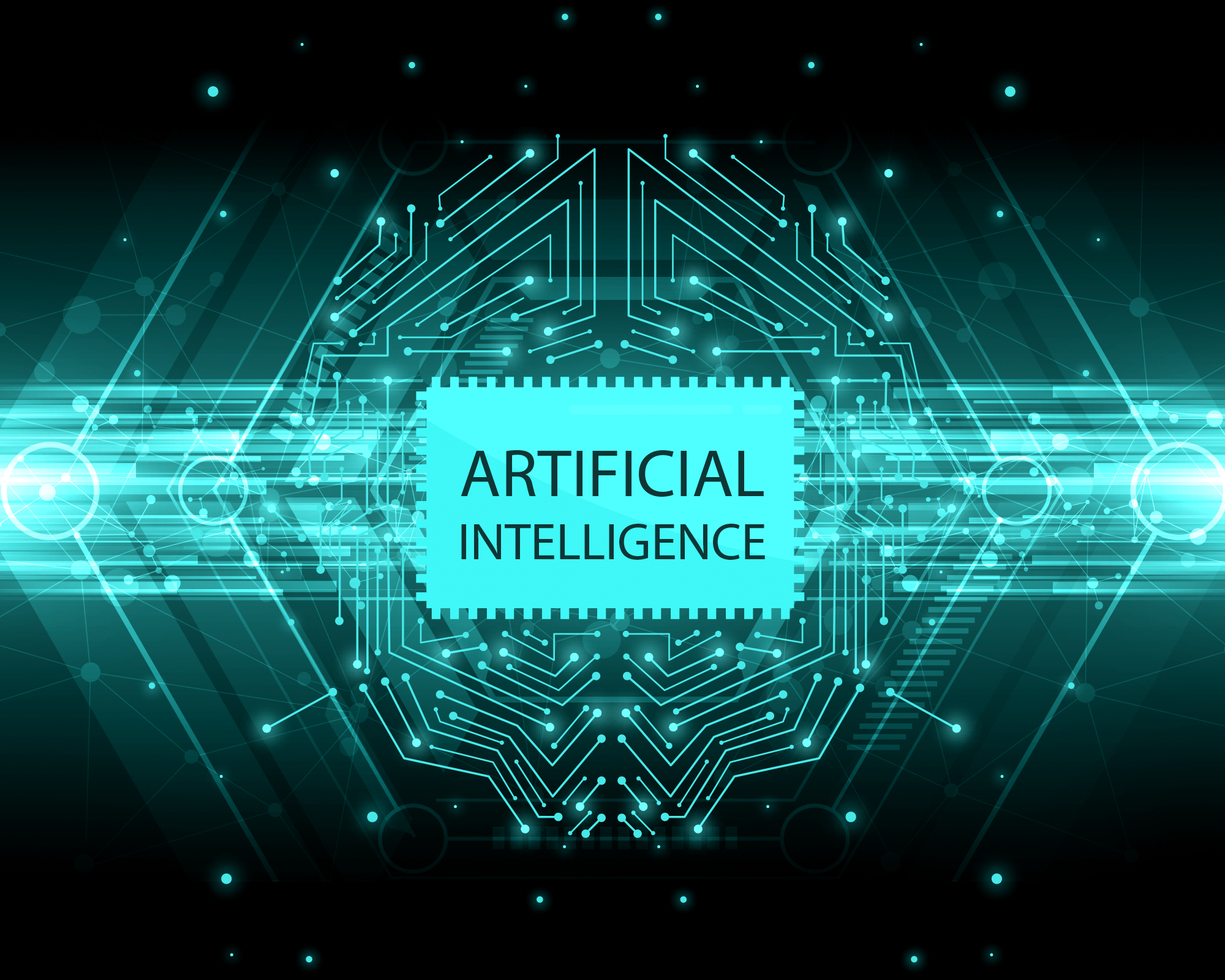 the words Artificial Intelligence against a turquoise and black background and a geometric patterns of connections