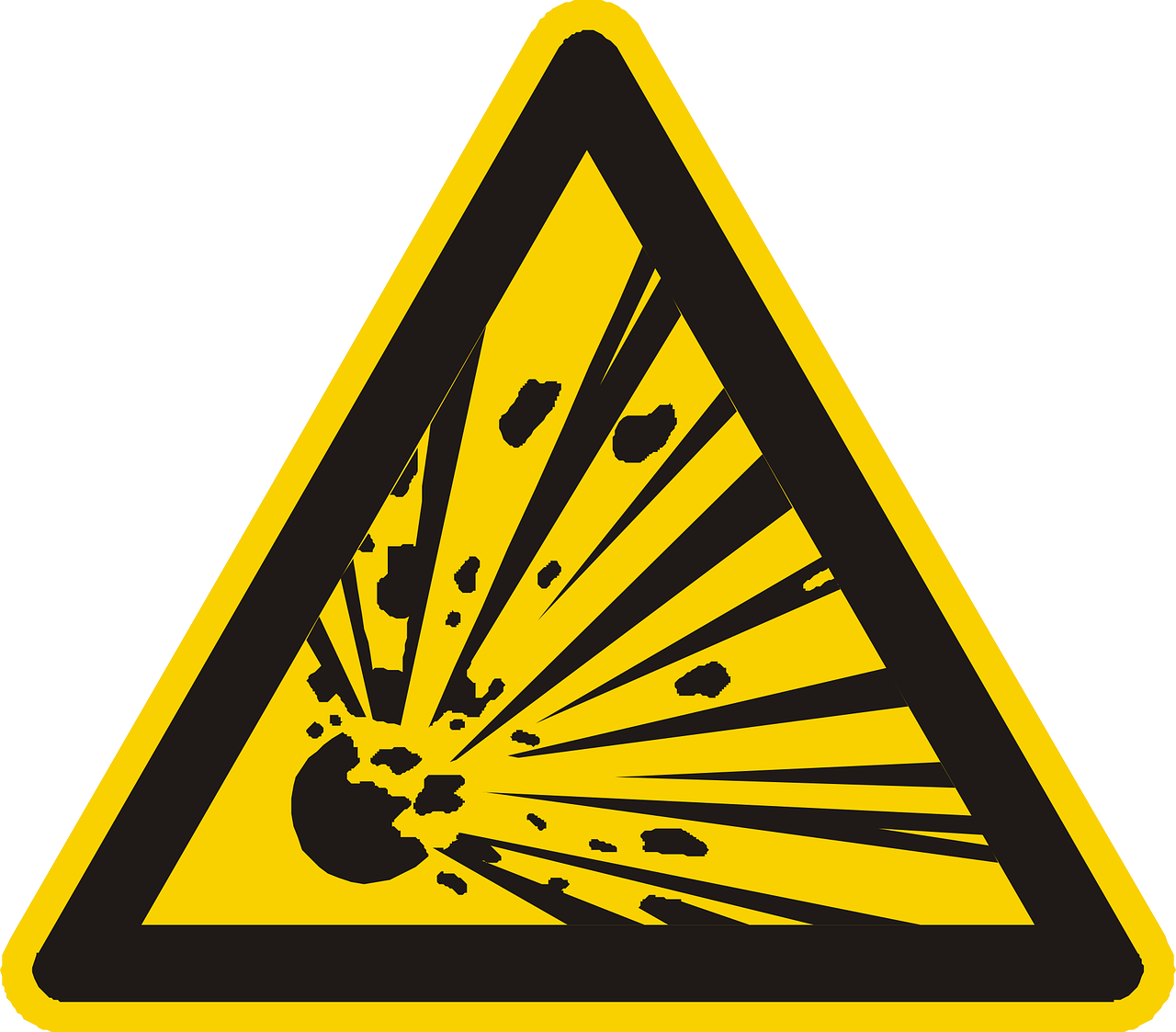 Warning triangle yellow with black border in one corner a round bomb explodes radiating out into the corners of the triangle