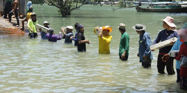 People stand in line in river after flooding in Thailand passing possessions from hand to hand