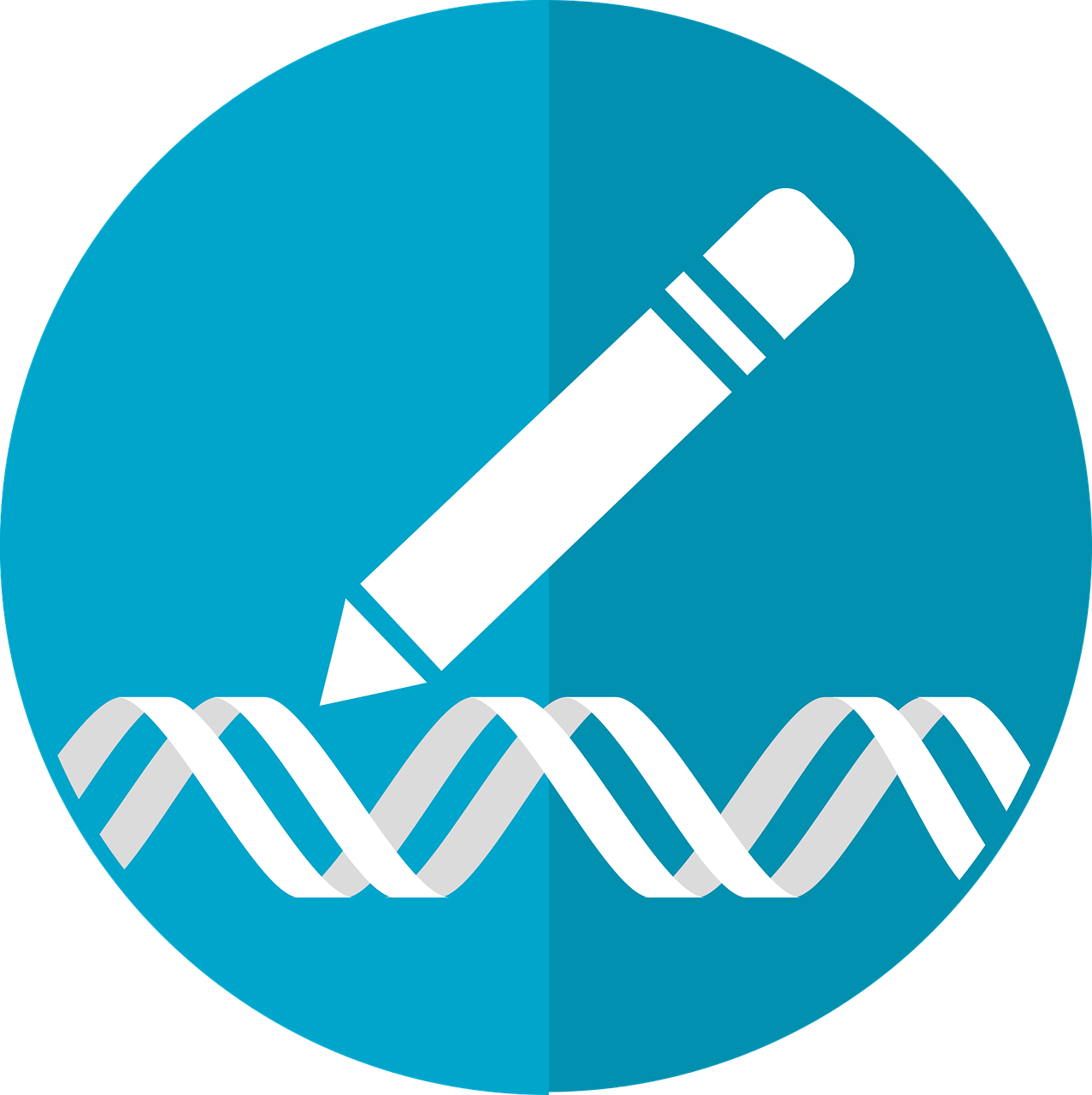 abstract rendition of DNA double helix in white with white pencil above it, on blue background