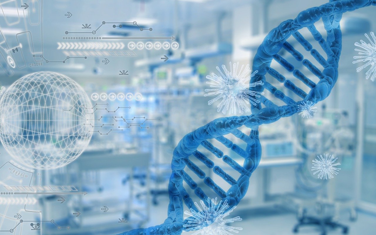 DNA double helix in blue against a fuzzy laboratory background