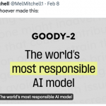 Tweet by Melanie Mitchell saying "Hats off to whoever made this" and showing the landing page for the chatbot Goody-2