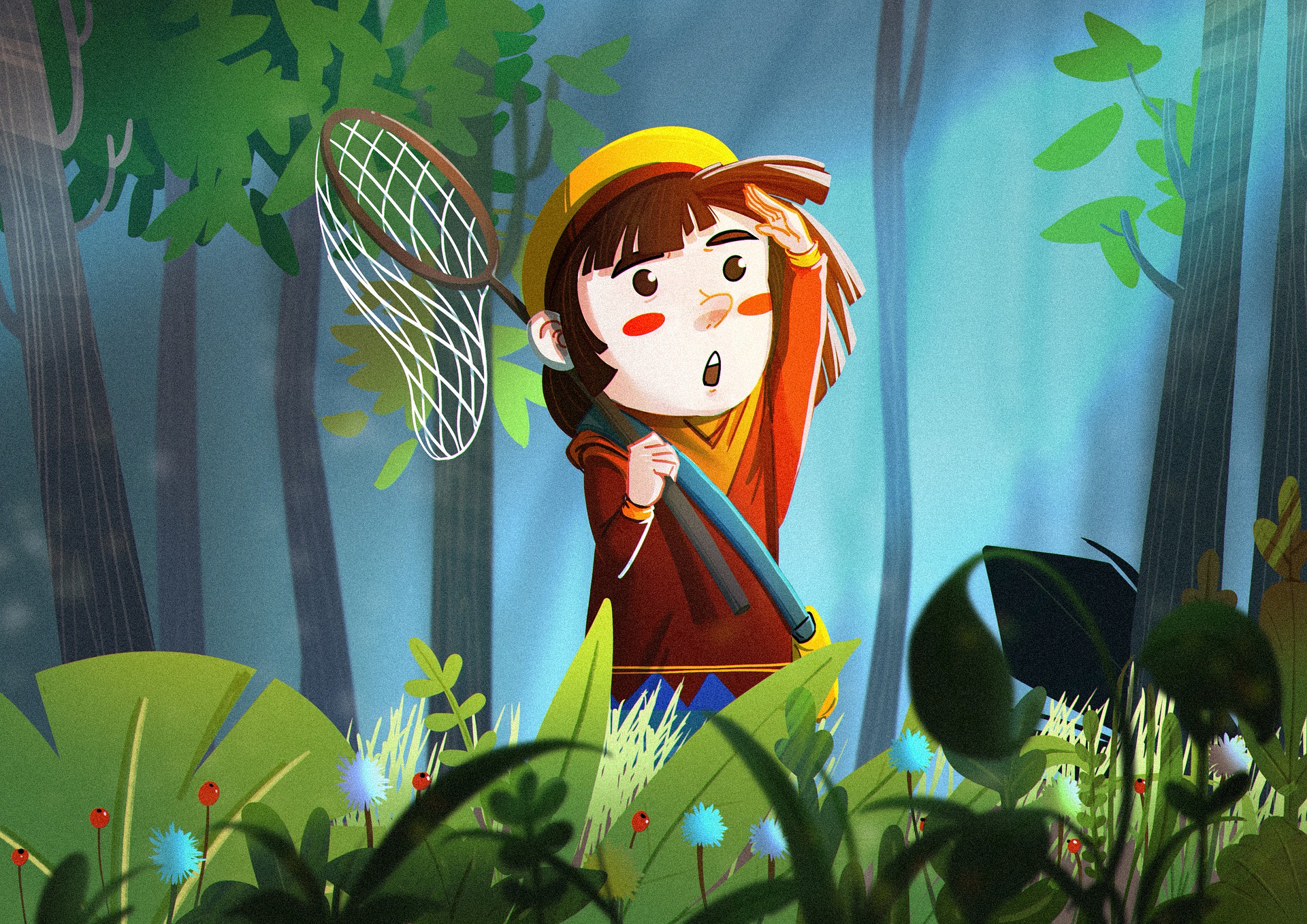 Colourful cartoon of a girl with a butterfly net in a stylised green forest