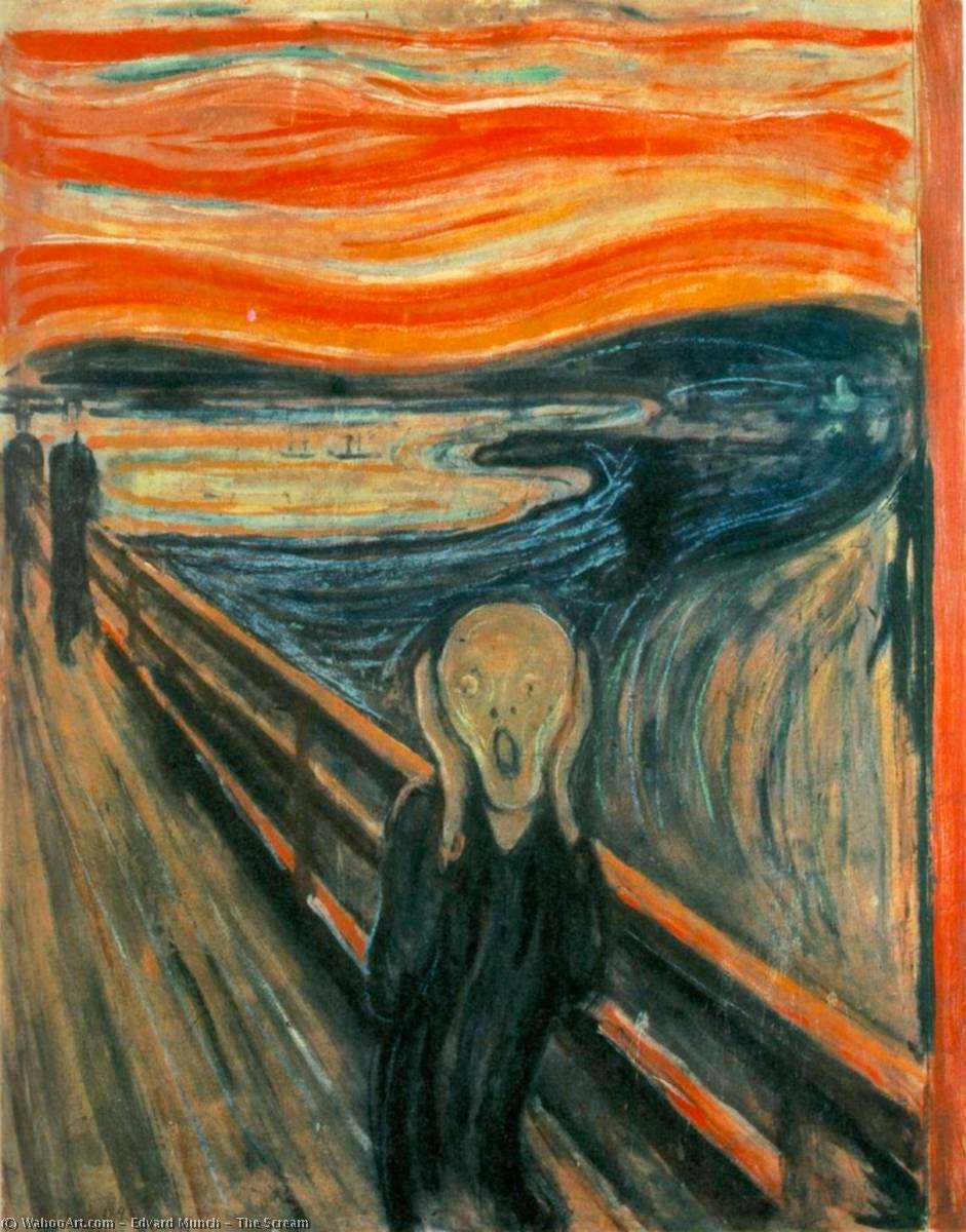 Edvard Munch's The Scream, Man on bridge, holding his head, sunset in the background