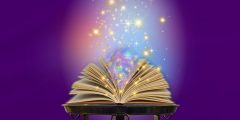 Picture of a magical spell book opening with sparkles against a purple background