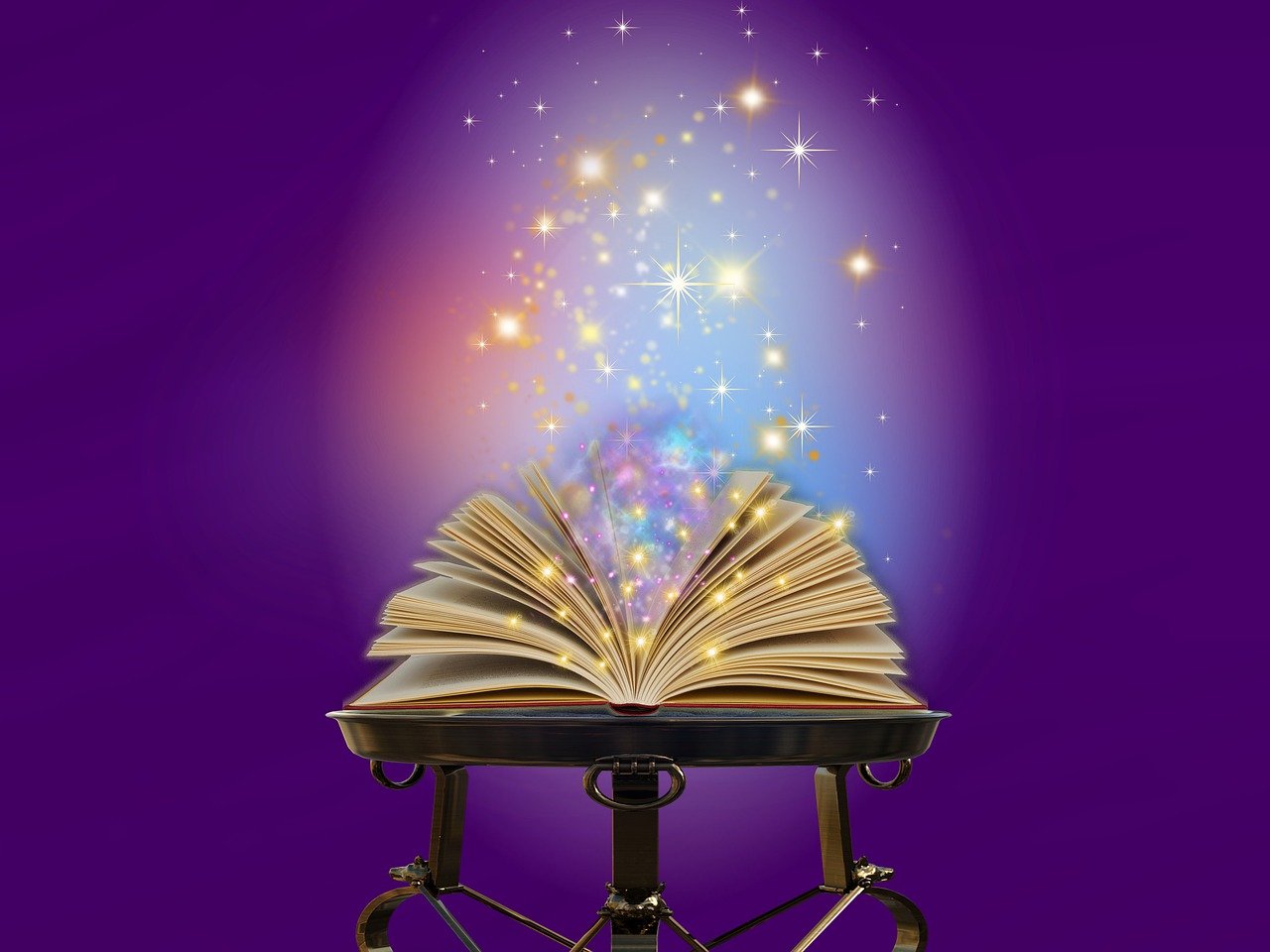 Picture of a magical spell book opening with sparkles against a purple background