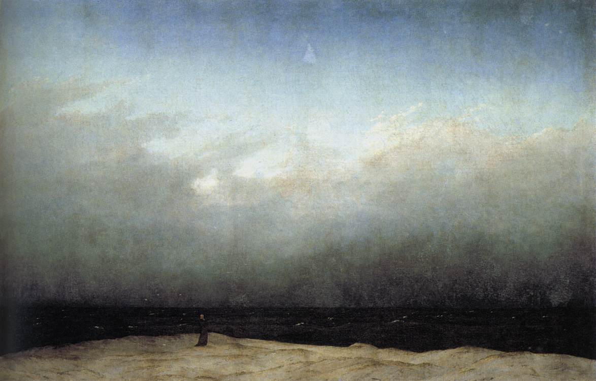 Monk by the sea, Caspar David Friedrich, 1809, very gloomy picture in greys, blacks and blues