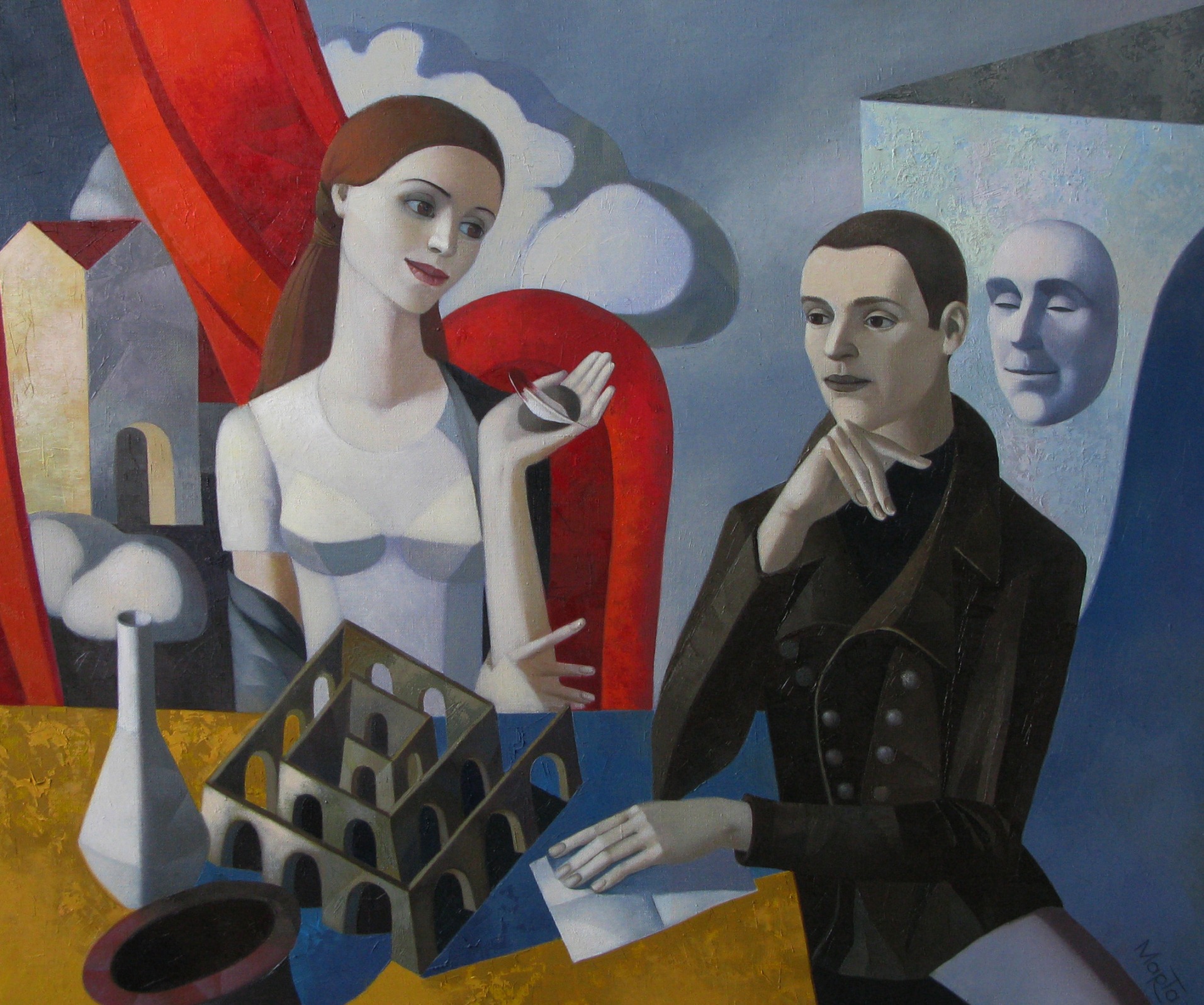 Shmatava 2010 Dialogue, cubist-style painting of two women talking at a table with a head floating in background and an model of a labyrinth on the table