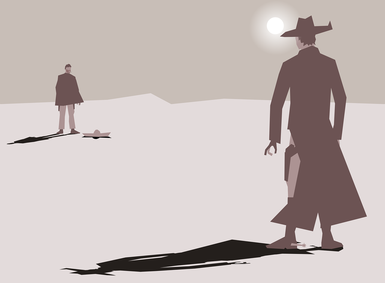 grey and black cartoon of two cowboys or gun slingers facing each other in the desert