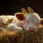 A wallpaper capturing a young calf resting on a cozy pile of hay adorned with small birds settled on its back