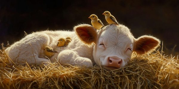 A wallpaper capturing a young calf resting on a cozy pile of hay adorned with small birds settled on its back