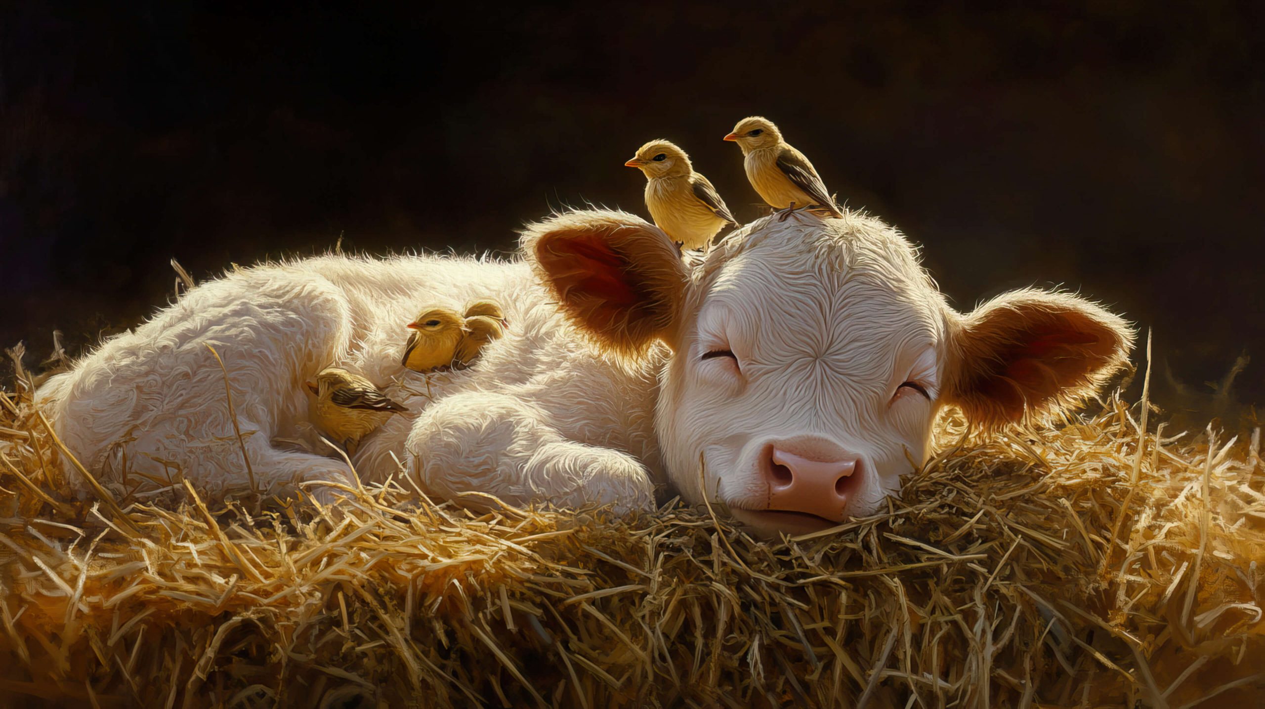 A wallpaper capturing a young calf resting on a cozy pile of hay adorned with small birds settled on its back