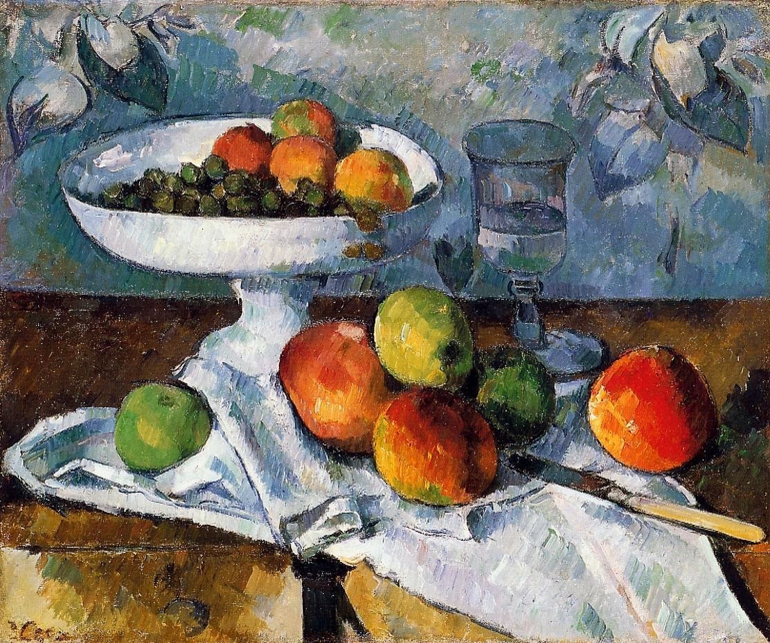 Nature morte avec compotier, Still life of various fruit, some in a bowl on a stand by Paul Cézanne, 1879