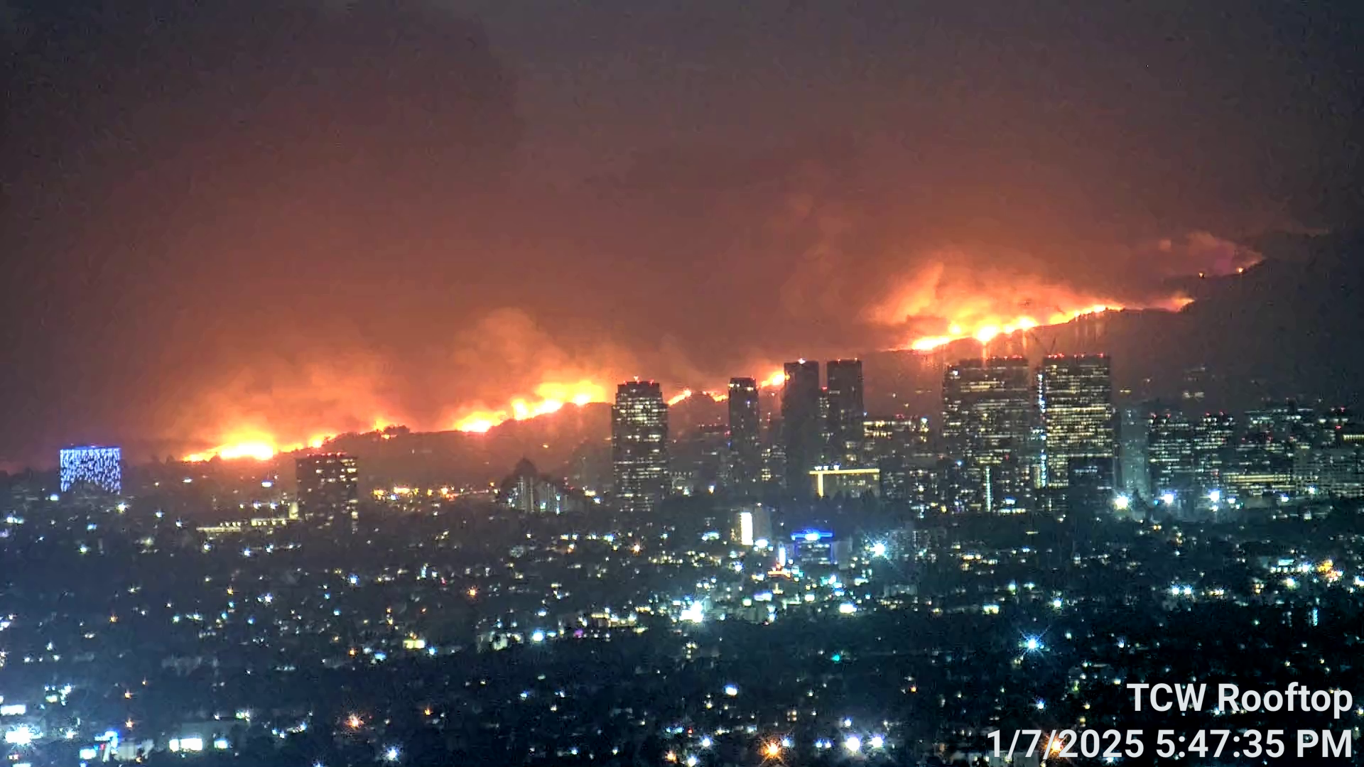 Photo still image from PTZ Camera on roof of high rise in Downtown Los Angeles - taken of Palisades Fire at peak intensity