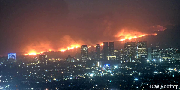 Photo still image from PTZ Camera on roof of high rise in Downtown Los Angeles - taken of Palisades Fire at peak intensity