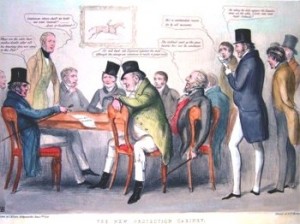 Coloured political cartoon showing politicians gathered around a table, text in speech bubbles illegible at this size