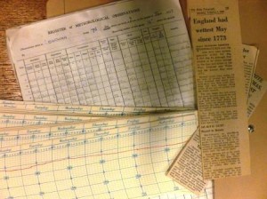 Bundle of printed charts and newspaper clippings about rainfall