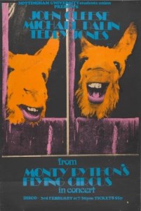 Poster depicts two goats coloured neon orange looking over a fence with blue text advertising Monty Python