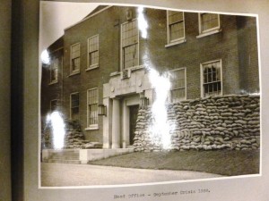 River Trent Catchment Board Head Office on Derby Road during 'September Crisis 1938' showing front face protected with sandbags