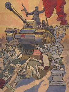 Soviet war poster depicting Russian tank on Berlin's "Victory Avenue"