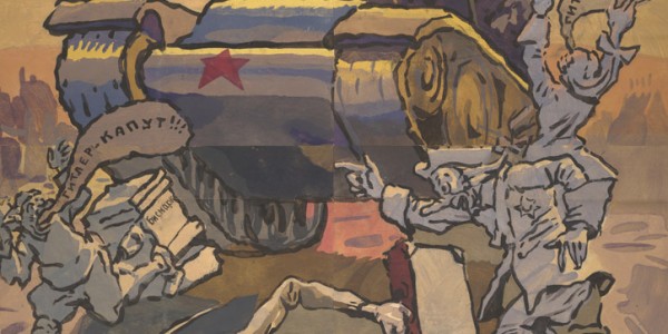 Soviet war poster depicting Russian tank on Berlin's "Victory Avenue"