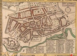 Detail of Nottingham City from a John Speed map, 1610 (Manuscripts and Special Collections, Not1.B8.C76)