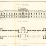 Plan of the south elevation and first floor of the Buckinghamshire Infirmary, by Mr. Brandon, drawn by F. G. Netherdift.