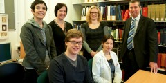 Mark Dorrington (right) is welcomed to the Reading Room bysome of the Manuscripts & Special Collections staff (clockwise from left) Eleonora, Debbie, Kathryn, Abigail and Nick.