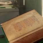 Medieval parchment service book from Rushall, Staffordshire, on display in the Weston Gallery, Lakeside Arts Centre.