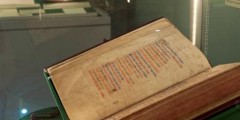 Medieval parchment service book from Rushall, Staffordshire, on display in the Weston Gallery, Lakeside Arts Centre.