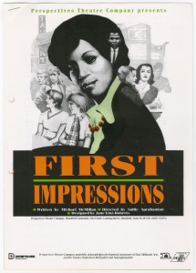 Poster for the play First Impressions, a drawing depicting the head and shoulders of a black woman in the foreground with white memebrs fo the community in the background.