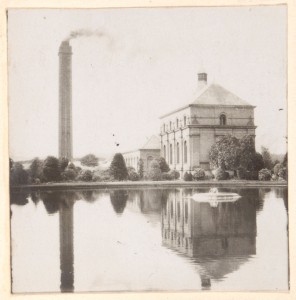 Photograph of the exterior of the Engine House and cooling pond, Papplewick Pumping Station, early 20th century (Ref: R/HR/1/8/1)