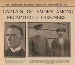Front page of the Nottingham Guardian, 26 Sept 1917, telling  of the recapture of German prisoners. (Ref: EMSC Not)