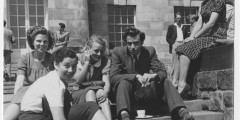 Students lounging around on the terrace of Trent Building, University Park, 1948; UMP/1/13/42