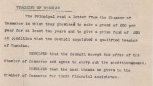 UCN Council minutes on Teaching of Russian at the college, 27 April 1915