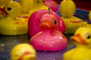 Pink plastic duck used for hook-a-duck fairground game