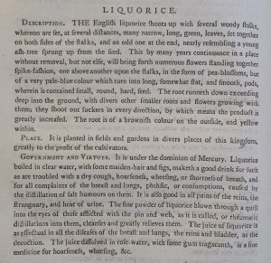 Entry for Liquorice describing its appearance, where it grows and how to use it medicinally