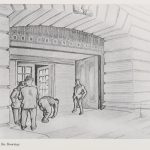 Sketche of workmen completing the Portland Building by Dave Pigott, published in The Gong, December 1956
