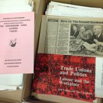 Material from the archive including a newspaper article showing Coates sharing a platform with Tony Benn and Arthur Scargill, and a 1982 University leaflet advertising the Nottingham Peace Lectures (Ref. KCS 3)