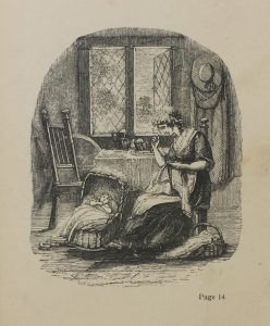 Engraving depicts a domestic scene of a mother sewing and a baby in a basket on the floor
