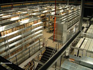 Photo of the manuscripts store taken from above to show the extent of the shelving