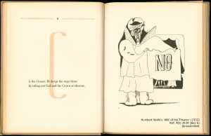 Satirical alphabet book open on the page for C
