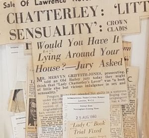 Close up of newspaper clippings about the Lady Chatterley trial