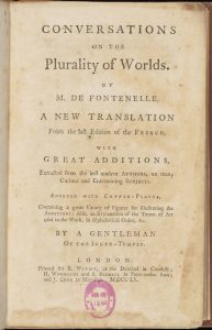 Title page of the book Conversations on the Plurality of Worlds by M. de Fontenelle, 1760 (originally published 1686)