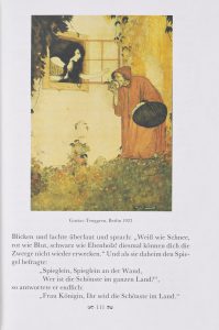 Page from a book showing Snow White leaning out of a window towards an old crone dressed in red, eating an apple and holding a basket. German text underneath the image.