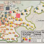 Map of the East part of Germany with coloured squares of differnt colours and sizes to represent the extent of the pig trade. in 1928