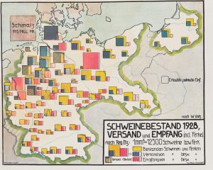 Map of the East part of Germany with coloured squares of differnt colours and sizes to represent the extent of the pig trade. in 1928