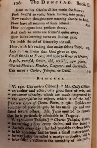 Printed page from the Dunciad, with half the page dedicated to a footnote explaining the reference to Colley Cibber.