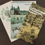 Trio of folded pamphlets splayed out to show the coloured images of trees on the covers.